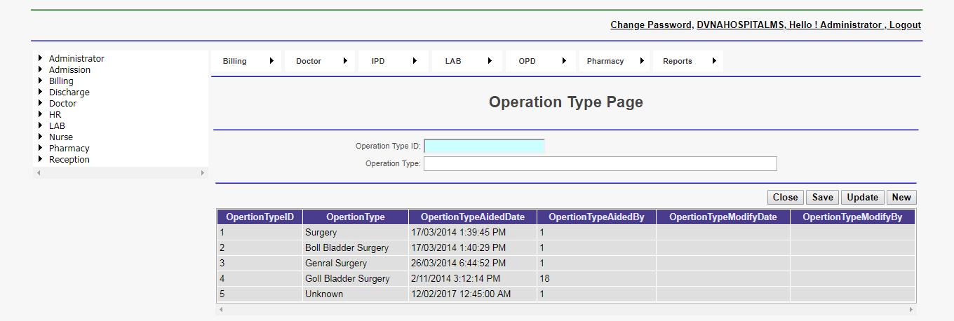 DVNA Hospital Management Software Operation Type Entry Page